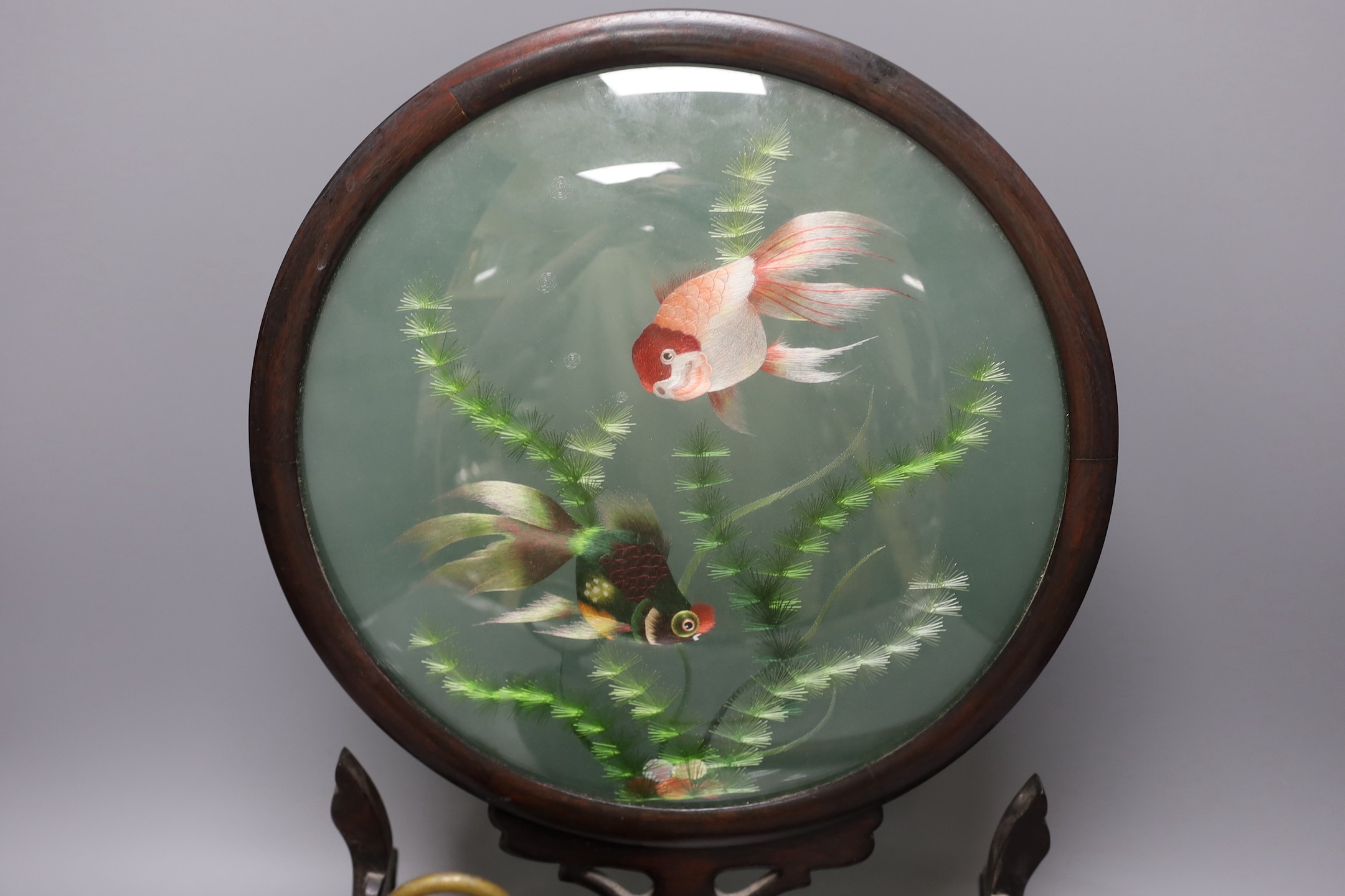 A Serpentine door-stop, Chinese table screen and a Victorian truncheon, Chinese table screen 46.5 cms high.